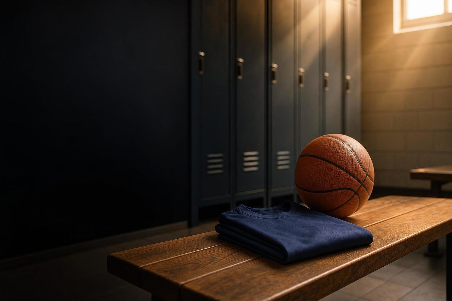 Ein Basketball und ein gefaltetes Trainingsshirt auf einer Bank in der Kabine (mit AI erstelltes Bild)